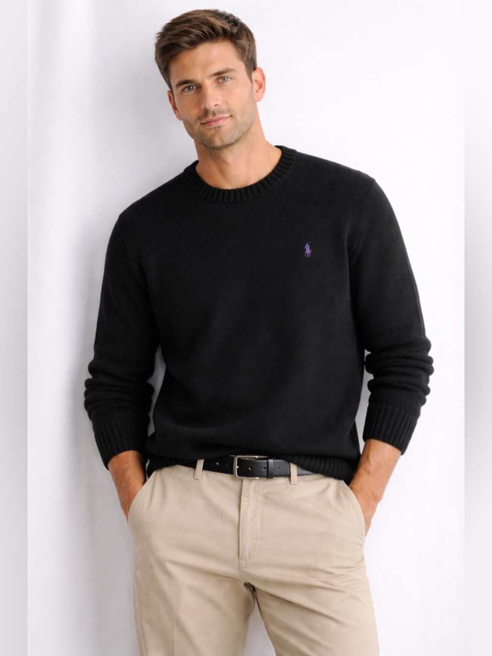 Polo Ralph Lauren Sweater Men XL Black Crew Neck Cotton Tight-Knit Pullover Pony